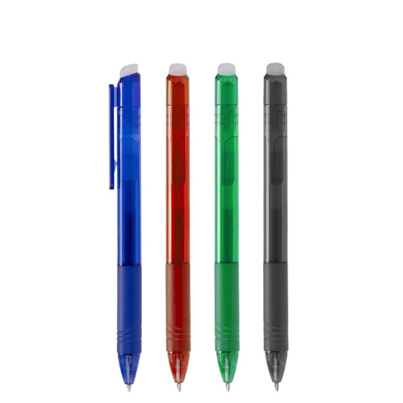 Bolígrafos borrables publicitario con tinta azul y cuerpo translúcido en varios colores